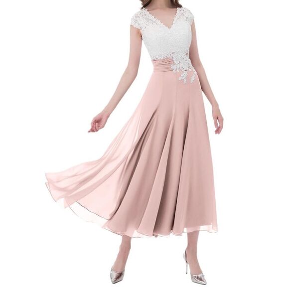 Women’s Ivory Lace Top Pink Chiffon V-Neck Cap Sleeves Formal Dress Size 4 NWT - Picture 11 of 11